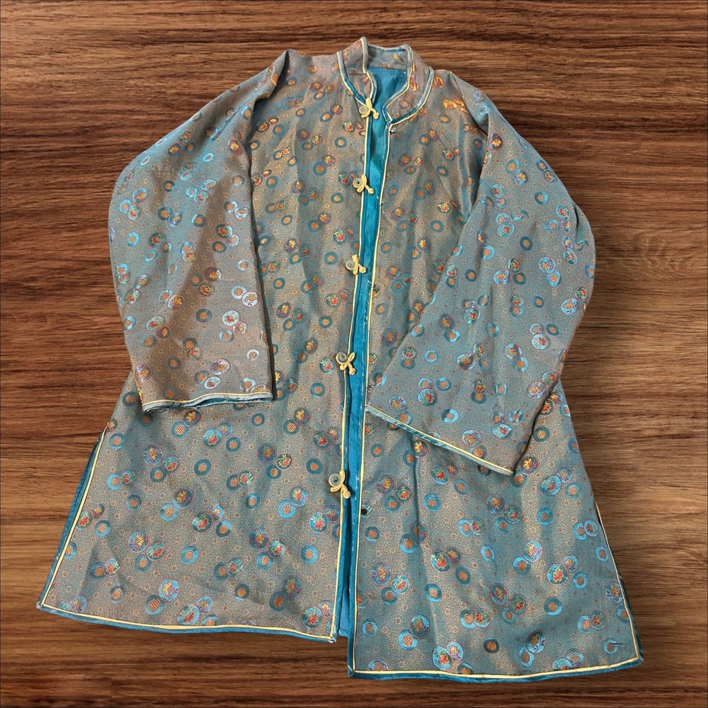 Vintage Asian‎ Inspired Jacket Robe Teal Blue Circle Pattern Frog Closures - Picture 5 of 6